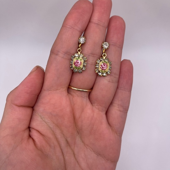 Vintage Rose Hand-Painted Guilloche Dangle Screw Back Earrings - Picture 3 of 4